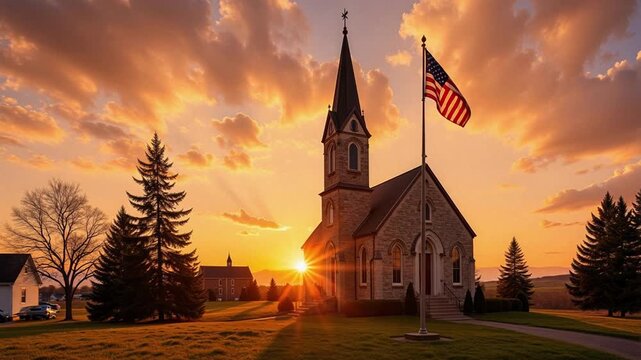 Majestic sunrise paints the sky over a quaint small-town church, American flag proudly waving. A serene and patriotic 4k video scene.