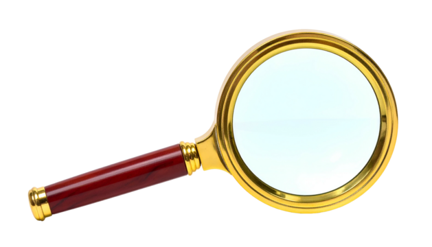 A close-up view of a golden magnifying glass with a wooden handle, centered on black