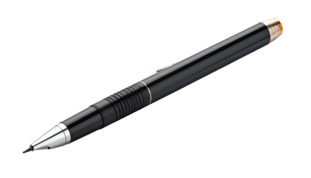 Sleek, black writing instrument featuring metallic accents and a fine tip against a dark background