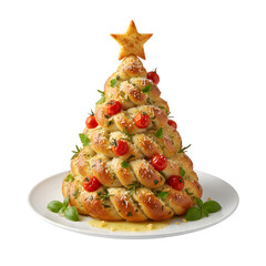 Festive Pull-Apart Garlic Bread Christmas Tree Appetizer with Cherry Tomatoes and Parmesan isolated on a transparent background 