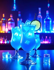 Vibrant Blue Cocktails Under Neon Lighting at a Nightclub Bar