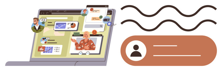 Online collaboration platform displaying multiple participant profiles, virtual learning tools, and chat features. Ideal for education, teamwork, networking, communication, webinars, diversity