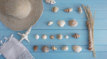 memorabilia. Seashell collection on blue wooden surface, coastal summer aesthetic. public awareness campaigns, NGO reports, designed for public awareness campaigns and NGO communications.