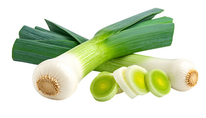 Close-up of fresh, whole leeks and sliced leek rings, displaying vibrant green and white