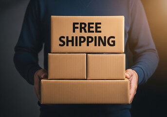 Person holding free shipping boxes for delivery