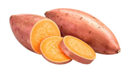 Close-up studio shot of sliced and whole sweet potatoes against a transparent background