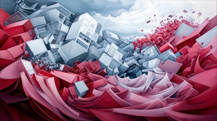 An abstract, surreal depiction of buildings and geometric shapes in red and blue, appearing to collapse and shatter against a cloudy sky. The composition is dyn