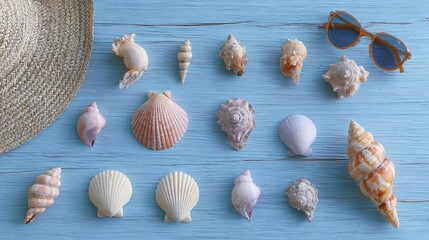 memorabilia. Seashell collection on blue wooden surface, coastal summer aesthetic. public awareness campaigns, NGO reports, designed for public awareness campaigns and NGO communications.