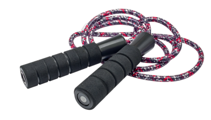 Close-up of a coiled colorful jump rope with black, foam-covered handles