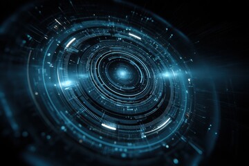 Blue futuristic digital interface tunnel with concentric rings and glowing light effects