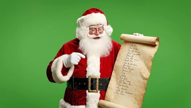 green screen video Santa Claus, Santa Claus holding a long scroll list and reading it with expressive gestures