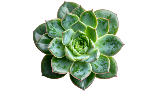 Overhead shot of a vibrant succulent with tightly packed, waxy green leaves
