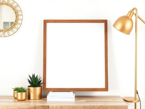 Blank wooden frame on a desk with plants and a lamp
