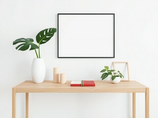 Modern console table with plants and empty frame on white wall