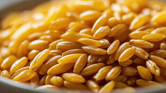 kamut. Close-up of a bowl containing cooked grains, highlighting their elongated shape. menu design, packaging mockups, designed for culinary blogs and recipe cards for restaurants.