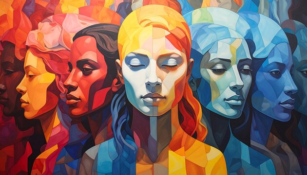 Colorful faces in a crowd, blending and evolving, artistic portrait