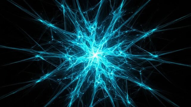 Abstract blue fractal starburst pattern with glowing energy lines radiating from a bright center against a solid black background, representing technology or science