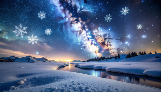 Snowflakes falling night sky glowing white abstract christmas background festive wallpaper digital art - Powered by Adobe