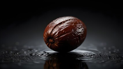Warm-lit cocoa bean floating over glossy black water in premium minimal style