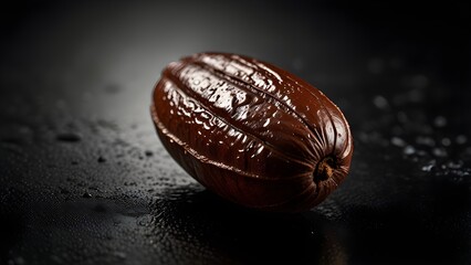 Rich textured cocoa bean suspended over reflective surface in minimal food composition
