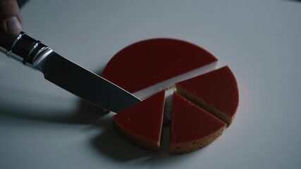 A skillful hand uses a sharp knife to cut a round cake into neat slices. The rich red cake contrasts with the clean, smooth surface.