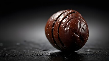 Ultra-realistic cocoa bean with rich textured surface hovering above reflective dark water