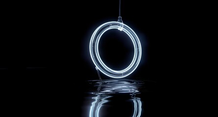 Futuristic neon loop glass tubing hovering above glossy water with precise reflections