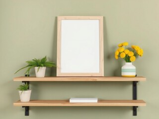 Fototapeta premium Minimalist wooden shelves displaying plants artwork and flowers