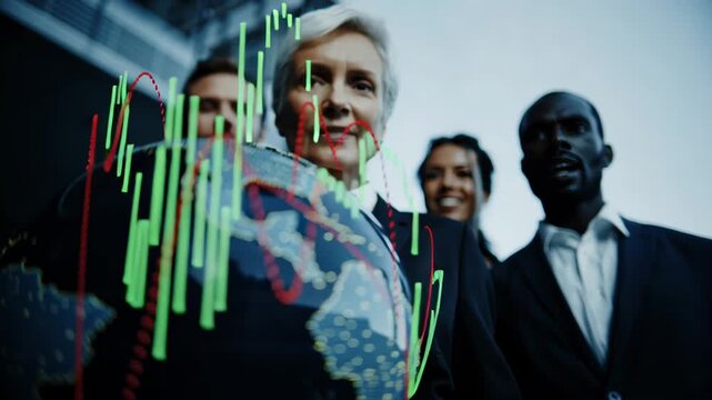 A group of business professionals stands in a sleek office space, focusing on a globe while analyzing market data on digital screens. They show teamwork and strategy in action - Powered by Adobe