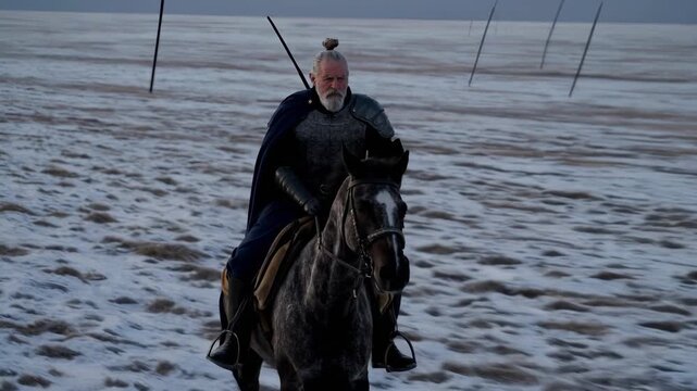 Rider charges across snow with lance. Medieval knight rides horse toward camera. Warrior in armor rides toward battle. Cavalry formation visible on horizon. Historic charge captured in open field.
