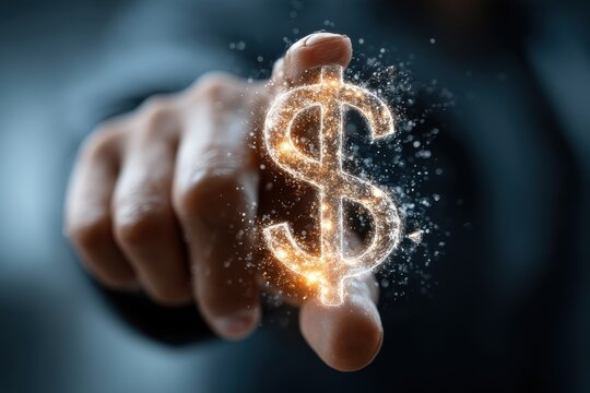 Businessman touches glowing dollar sign symbol for financial success and prosperity