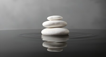 Soft-lit smooth white pebbles hovering over glossy water in calm minimal style