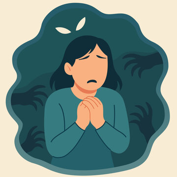 Fear of darkness nyctophobia illustration of anxious woman surrounded by shadows