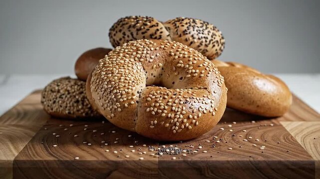 Bagels Landing on Cutting Board Fresh Bakery Products Breakfast