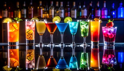 Vibrant Cocktail Collection: Colorful Drinks with Reflections on a Glossy Surface