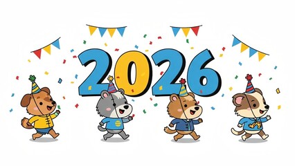 Adorable 2026 new year celebration with playful party animals in colorful confetti