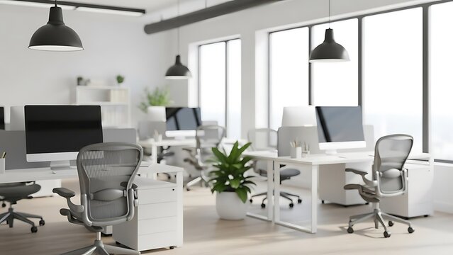 Modern, bright openplan office interior featuring ergonomic chairs, white desks, and large windows for natural light