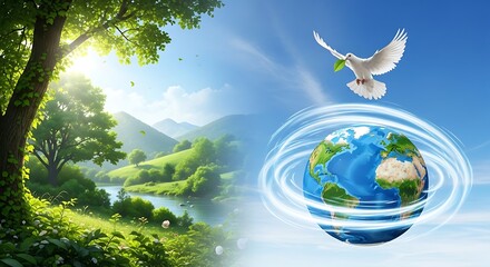 Serene natural landscape with lush green trees and mountains meets a symbolic representation of earth with a dove of peace
