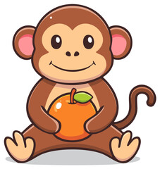 Obraz premium Cute cartoon monkey sitting happily and holding a fresh orange fruit. Friendly primate illustration for kids.