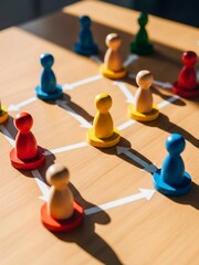 group of people playing chess, Wooden desk displays colorful peg figures connected by lines and circles. Figures form a clear organizational chart. Represents business structure teamwork and clear rep
