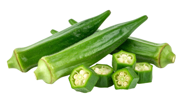 Close-up of several green, ripe okra pods, some whole, others sliced to reveal interiors