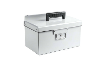 Fototapeta premium A white, rectangular container with a black handle, latch and rivets, isolated on black