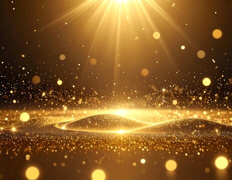 Glowing gold particles with light beams, bokeh, and abstract forms
