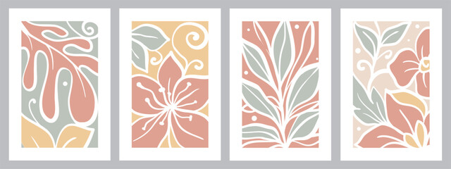 A naive abstract floral poster featuring an arrangement of daisies and leaves. A modern botanical print with a contemporary minimalist style. A trendy and fun poster in bright yellow, blue, and pink.