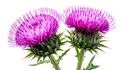 Close-up of two vibrant purple thistle flowers with intricate petal details