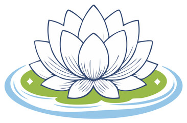 Elegant lotus blossom illustration in white and blue floating on a lily pad surrounded by light blue water, perfect for serene designs