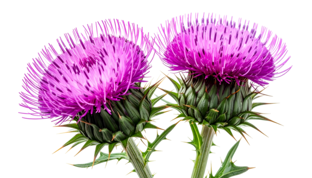Close-up of two vibrant purple thistle flowers with intricate petal details