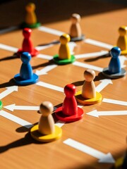 group of people playing chess, Wooden desk displays colorful peg figures connected by lines and circles. Figures form a clear organizational chart. Represents business structure teamwork and clear rep
