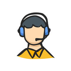 Hand Drawn Customer Service Agent Icon, Doodle of Call Center Operator with Headset, Support, Help, Communication, and Technical Assistance