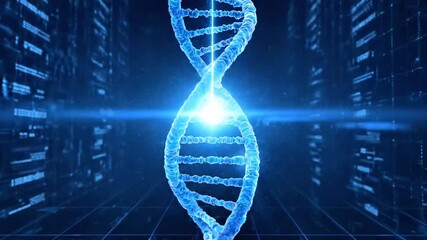 DNA double helix glows among blue digital networks as data bursts swirl; ANALYZING data under lens - Powered by Adobe